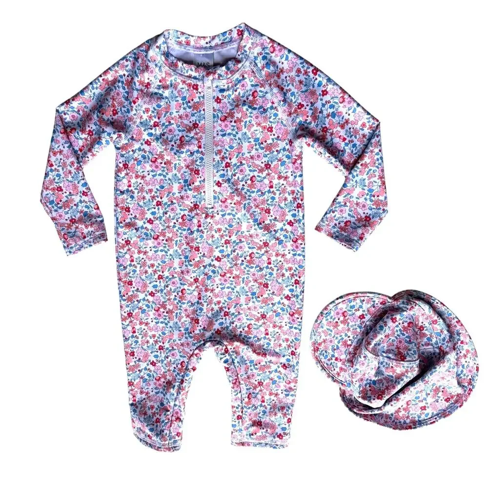 M & S One-piece & Hat Floral Baby Swim Set Size 12-18mos
